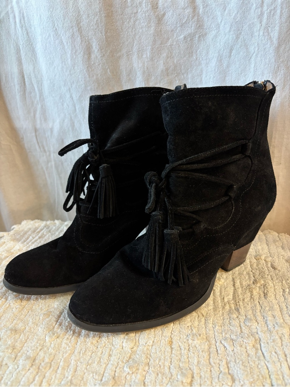 Matiko Black Suede Tassel Lace-Up Ankle Booties